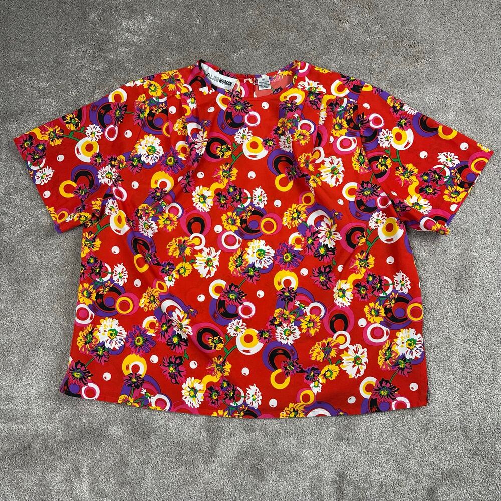 Chaus Red Groovy Floral Circle Print Boxy Short Sleeve Blouse Size 18W Eclectic